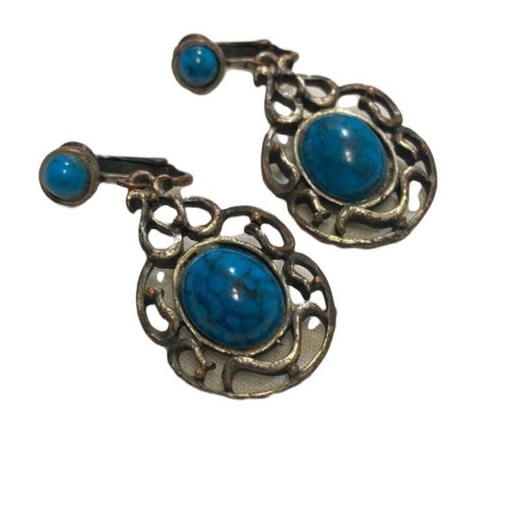 Vintage Silver And Faux Turquoise Dangling Earrings - Picture 3 of 14